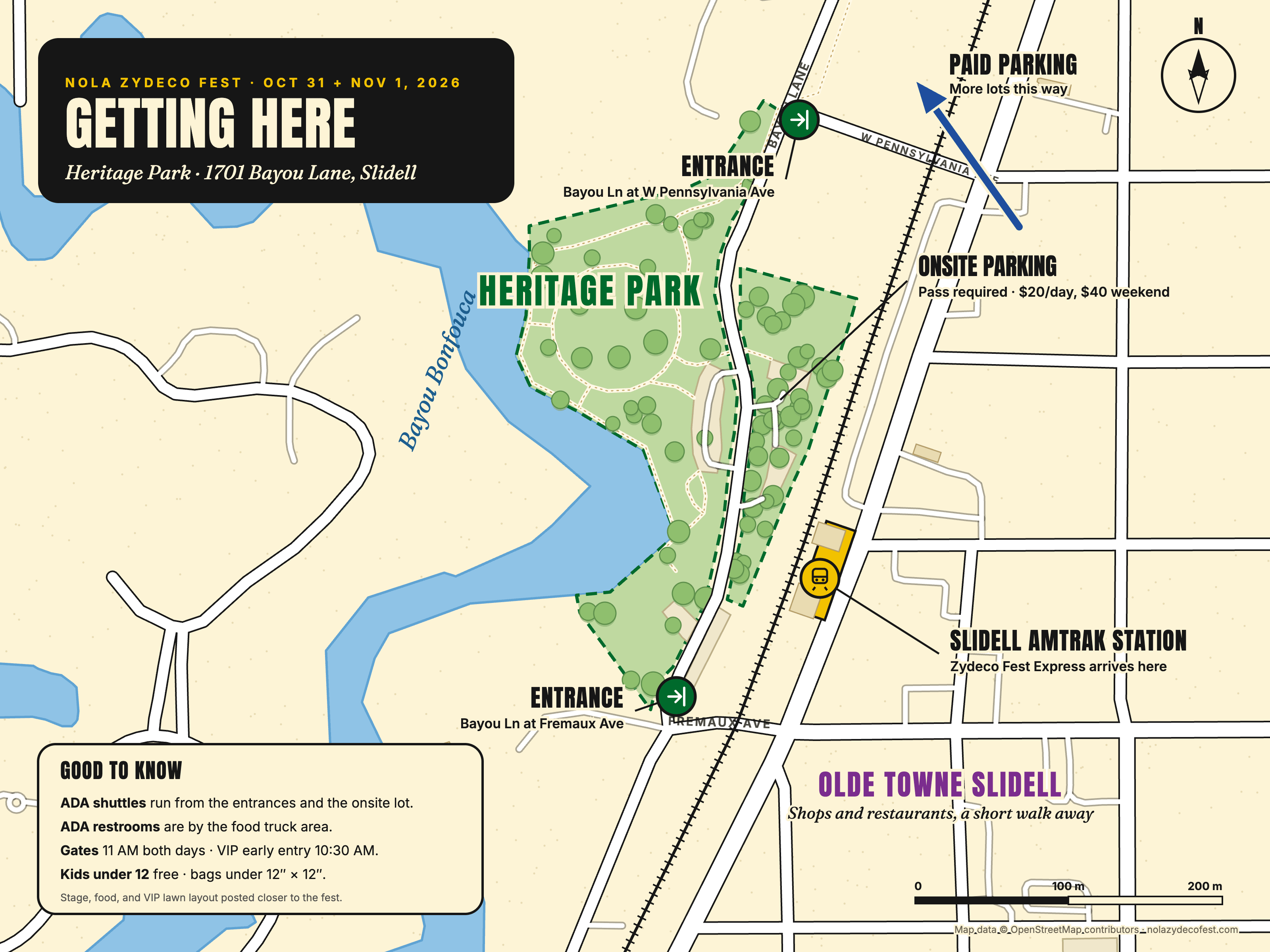 Illustrated map of Heritage Park in Slidell on Bayou Bonfouca, showing entrances on Bayou Lane at W Pennsylvania Ave and at Fremaux Ave, onsite parking, paid parking to the north, the Slidell Amtrak station beside the park, and Olde Towne Slidell