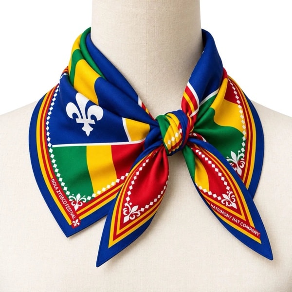The Creole Heritage bandana tied as a neck scarf, with blue, green, yellow and red panels, a fleur-de-lis, a star and a castle