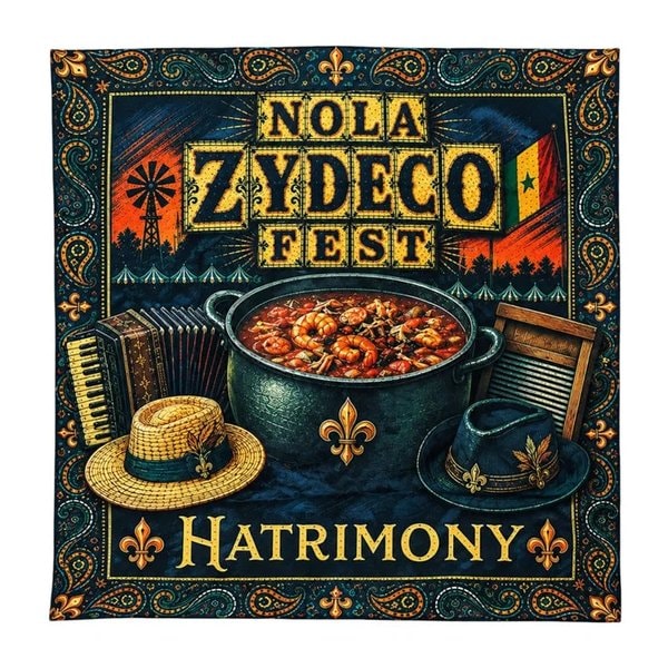 The Culture & Rhythm bandana: NOLA Zydeco Fest lettering over a gumbo pot, accordion, rubboard and fleurs-de-lis on a dark paisley print