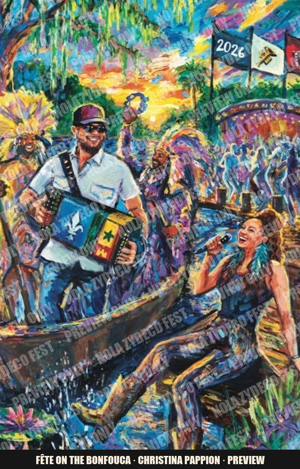 “Fête on the Bonfouca” painting: an accordion player in a pirogue and a singer on the dock at sunset