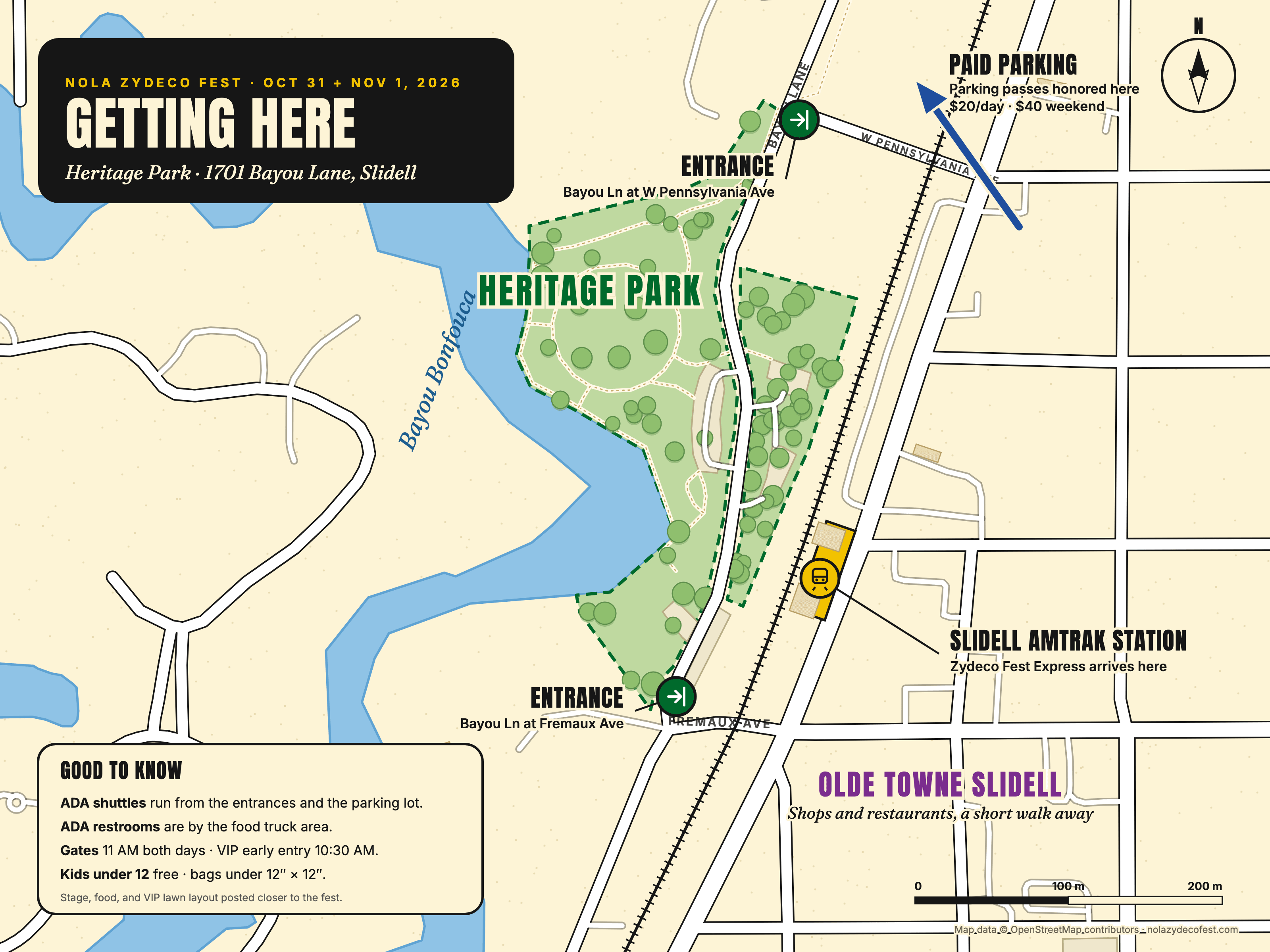 Illustrated map of Heritage Park in Slidell on Bayou Bonfouca, showing entrances on Bayou Lane at W Pennsylvania Ave and at Fremaux Ave, paid parking lots to the north where parking passes are honored, the Slidell Amtrak station beside the park, and Olde Towne Slidell