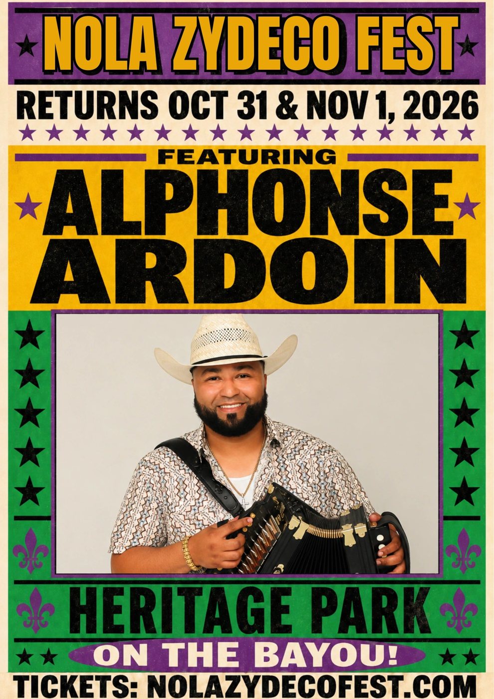 Alphonse Ardoin festival poster: NOLA Zydeco Fest, Oct 31 & Nov 1, 2026, Heritage Park