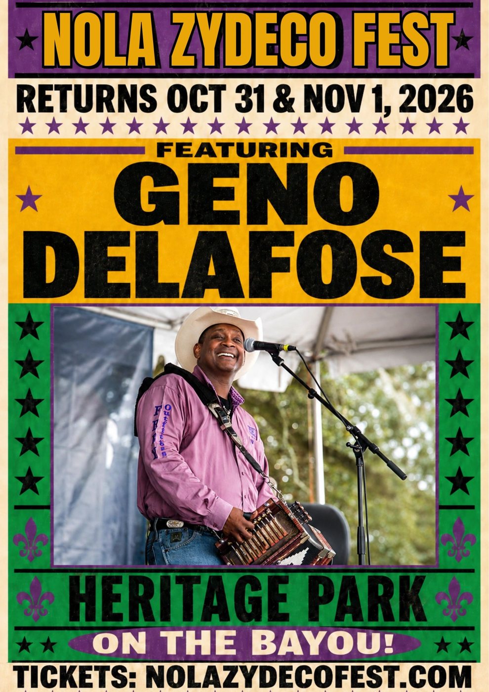 Geno Delafose festival poster: NOLA Zydeco Fest, Oct 31 & Nov 1, 2026, Heritage Park