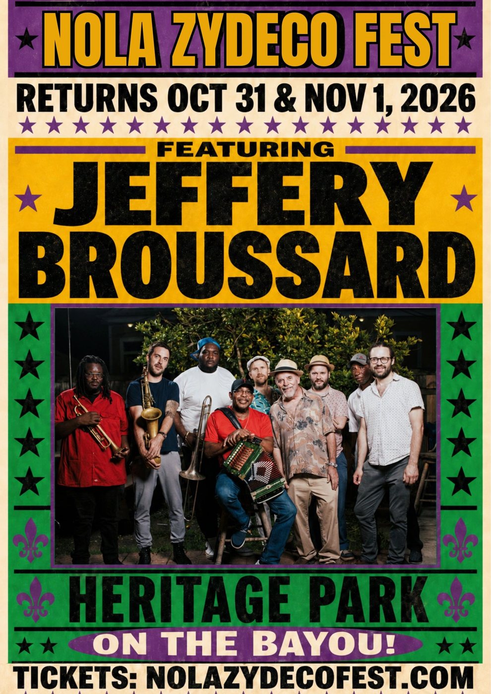 Jeffery Broussard festival poster: NOLA Zydeco Fest, Oct 31 & Nov 1, 2026, Heritage Park