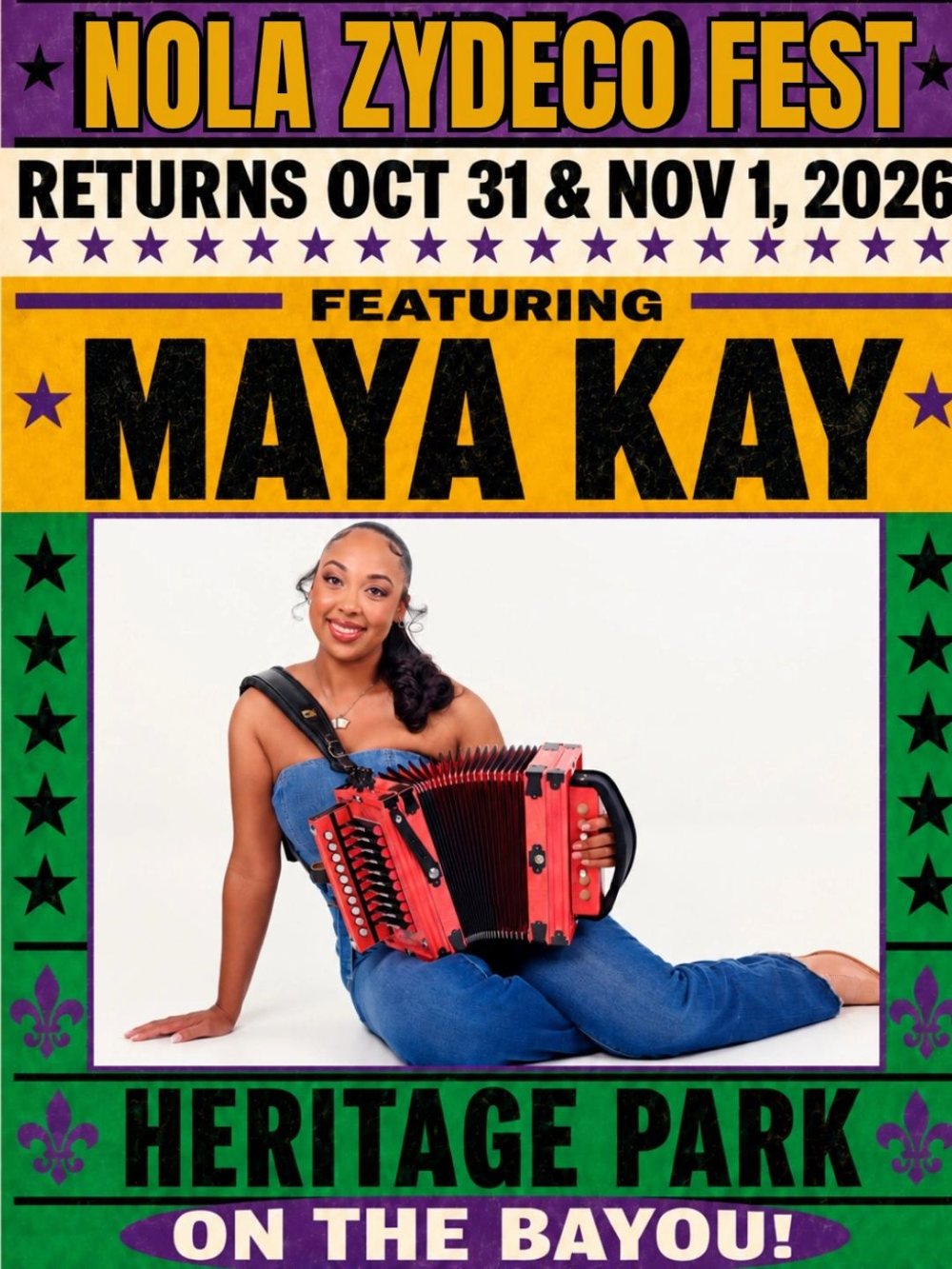 Maya Kay festival poster: NOLA Zydeco Fest, Oct 31 & Nov 1, 2026, Heritage Park