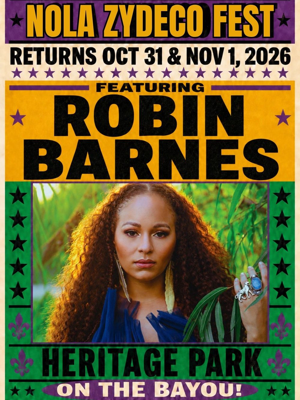 Robin Barnes festival poster: NOLA Zydeco Fest, Oct 31 & Nov 1, 2026, Heritage Park