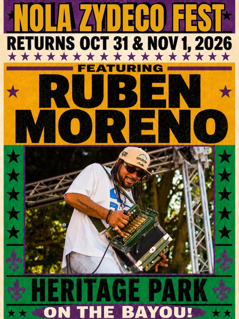 Ruben Moreno festival poster: NOLA Zydeco Fest, Oct 31 & Nov 1, 2026, Heritage Park