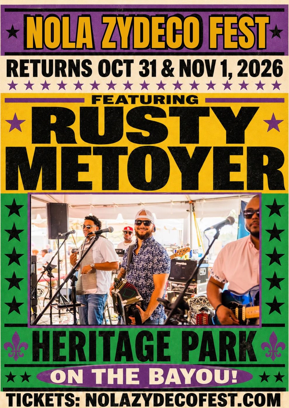 Rusty Metoyer festival poster: NOLA Zydeco Fest, Oct 31 & Nov 1, 2026, Heritage Park