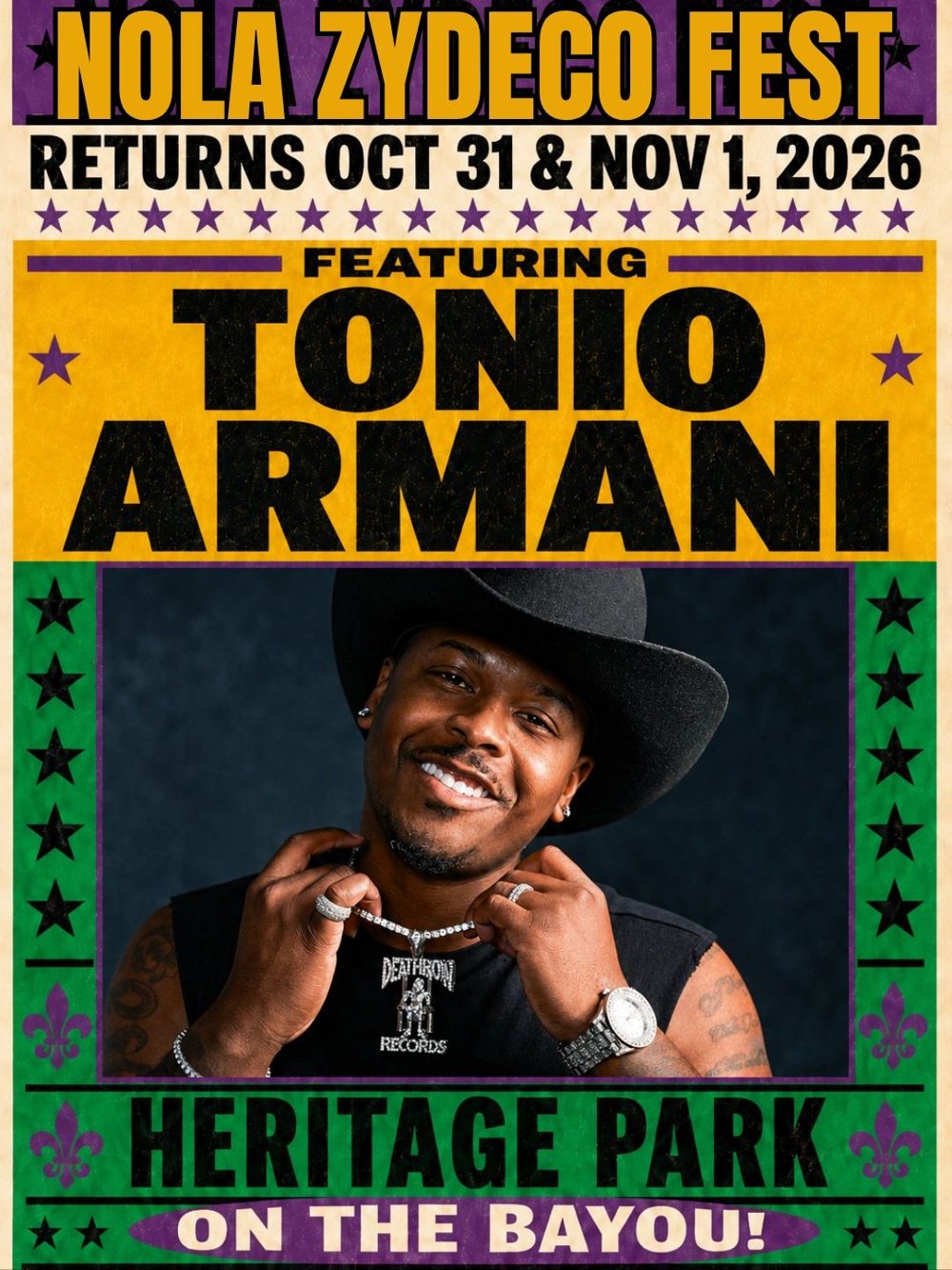 Tonio Armani festival poster: NOLA Zydeco Fest, Oct 31 & Nov 1, 2026, Heritage Park